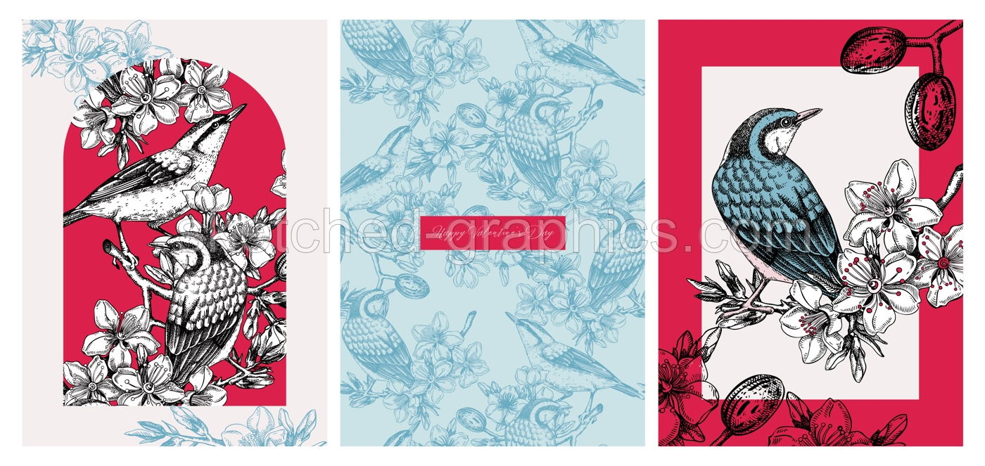 Valentine's day cards set. Collage style birds background. Hand-drawn vector illustration. Beautiful bird, blooming branch, almond, spring flower sketches. Trendy style love poster, print, wall art Illustration
